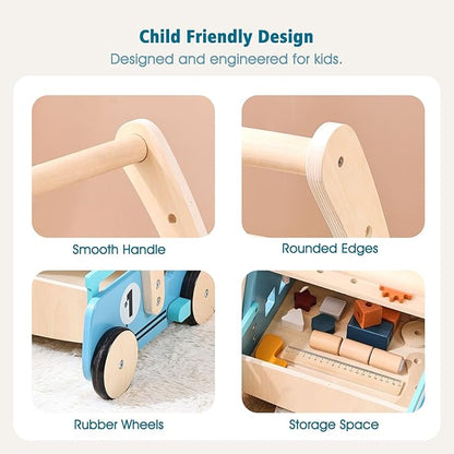 Wooden Baby Walker Adjustable Height with Tool Bench and Toy Storage Wagon - Multifunctional Toddler Push Walker Ergonomically Designed for Natural Walking - 3+ Years of Continuous Use