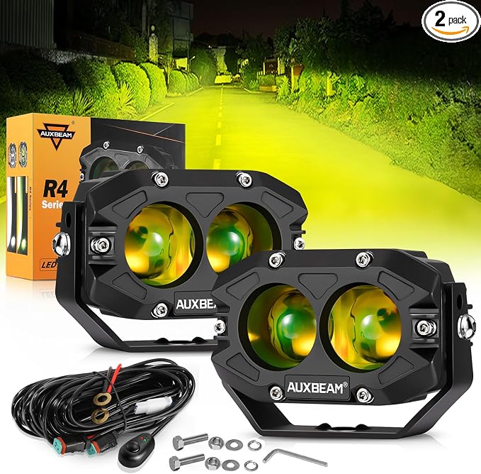 Auxbeam 4In 60W Amber Fog Lights, Amber Led Pods Super Bright Spot Beam Offroad Lights with Plug and Play Wiring Harness Kit for Truck SUV ATV UTV Jeep Wrangler Motorcycle