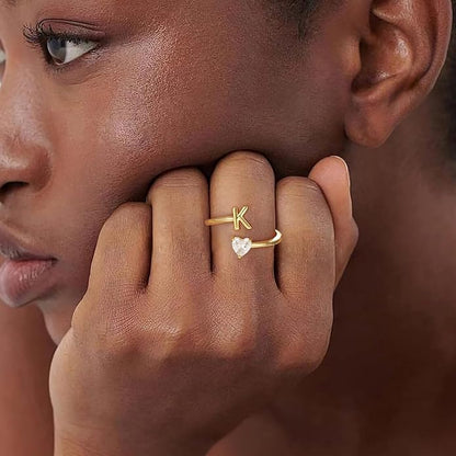 Gold Initial Rings for Women Girls - 18K Gold Plated Adjustable Letter A-Z Initial Ring Dainty Heart Zirconia Rings for Women Teen Girl Gifts