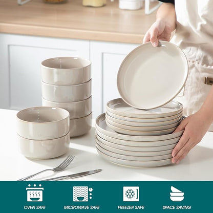 vancasso PLAYA Ceramic Plates and Bowls Sets,18 Pieces Grey Dinnerware Sets for Kitchen,Reactive Glaze Dishes Set for 6, Dishwasher and Microwave Safe