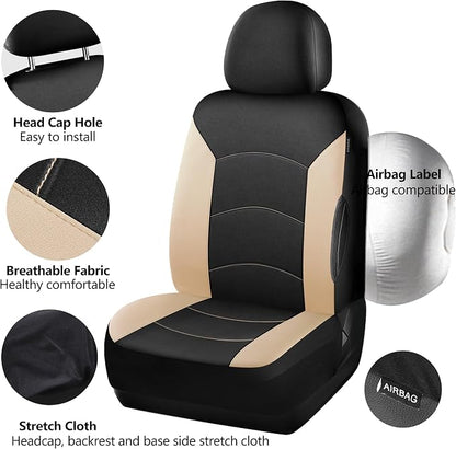 HChengkikz Car Seat Covers Full Set, Waterproof Neoprene Car Seat Covers, Airbag Compatible, Universal Automotive Seat Covers for Most Sedans, SUVs, Trucks (Black + Beige)