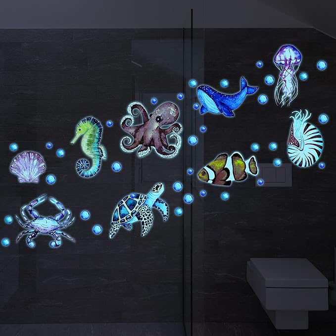52 Pcs Ocean Fish Wall Decals Glow in The Dark Under The Sea Wall Decals Sea Animals Stickers Removable Waterproof Peel and Stick for Kids Bathroom Watercolor Ocean Decor(Funny Style)
