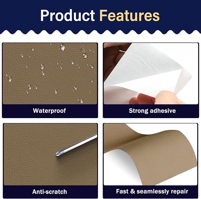 Zenyao Leather Repair Patch Tape - Self Adhesive Leather Repair Kit for Car Seat Furniture, Heavy Duty Vinyl Repair Patch for Couch Sofa, Waterproof Fix for Tears, 8x11 Inch, 2 Pieces, Grey Khaki