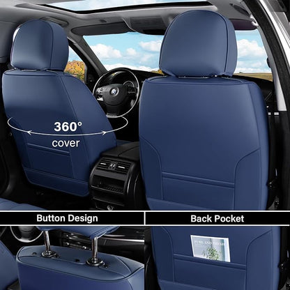 Coverado Car Seat Cover Full Set, Blue Seat Covers Front Seats Back Seat Covers, Nappa Leather Waterproof, Car Seat Cushion, Car Seat Protector Universal Fit Most Cars