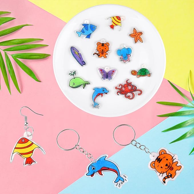 ASTARON 168Pcs Shrinking Plastic Sheets Kit Includes 15 Shrinking Film Art Paper, Hole Punch, 12 Colored Pencils and 140 Pcs Shrinkles Keychain Jewelry Making Accessories for Kids Craft Supplies