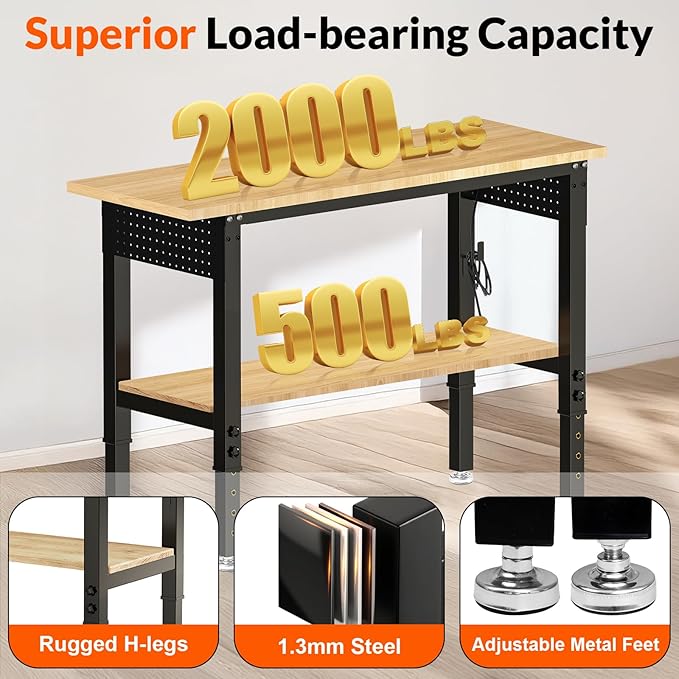 48“ Adjustable Height Workbench Work Bench for Garage Work Table with Under Table Shelf Heavy Duty Rubber Wood Top for Shop Woodworking, Office, Home, Commercial