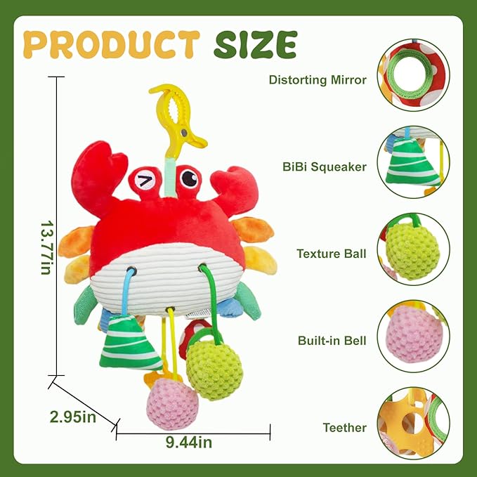 Red Crab Baby Toy - Clip-On Hanging Sensory Toy for Car Seat, Stroller, Gym with Squeaker, Crinkle, Rattle, Mirror & Teether | Soft Plush 0-12 Months Infant Developmental Toy for Tummy Time (Red)