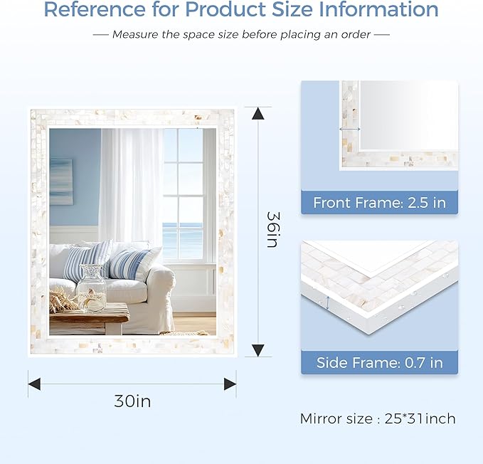 Tanmicoshomy 30 x 36 Inch White Rectangle Wall Mirror, Natural Shell Framed