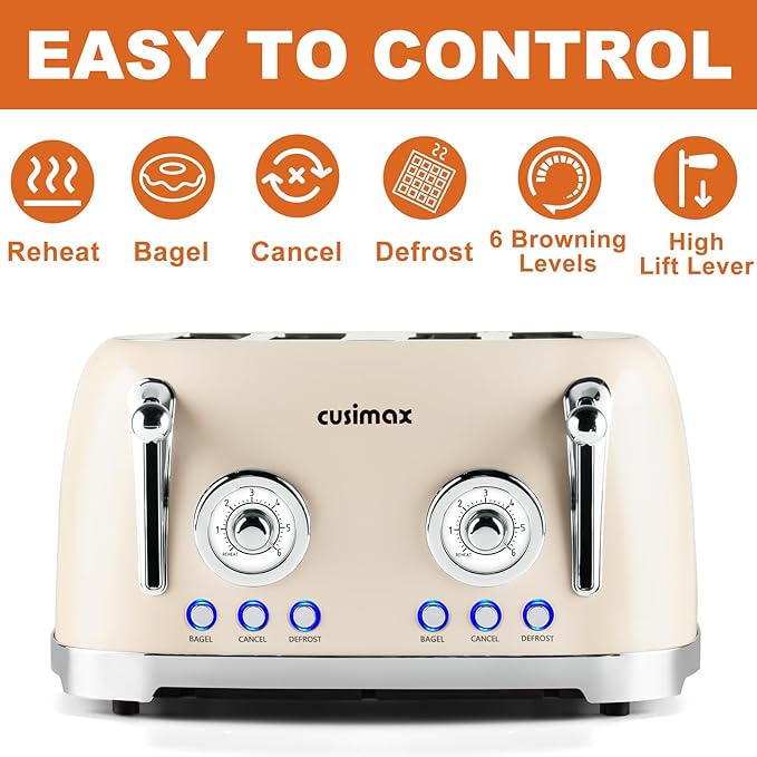 CUSIMAX Toaster 4 Slice, Retro Toaster