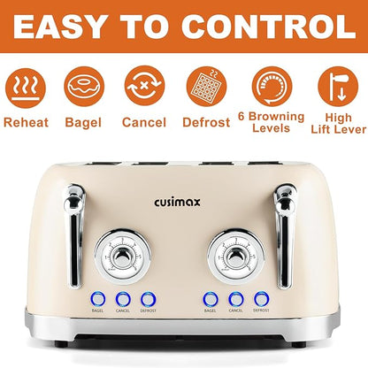 CUSIMAX Toaster 4 Slice, Retro Toaster