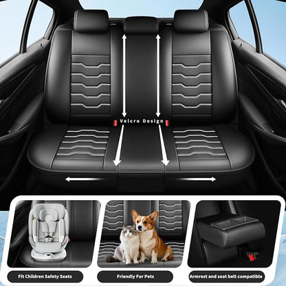 Fit Compass Car Seat Covers for Jeep Compass 2007-2025 2026 -Full Set Premium Leather, Waterproof & Breathable，All-Weather Seat Cushion Protecto & Airbag Compatible, 5 Seats White Line Black