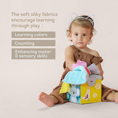 Taf Toys Sensory Crinkle Tissue Box for Toddlers. STEM Montessori Toy with Colorful Soft Scarves and Crinkling Blankies