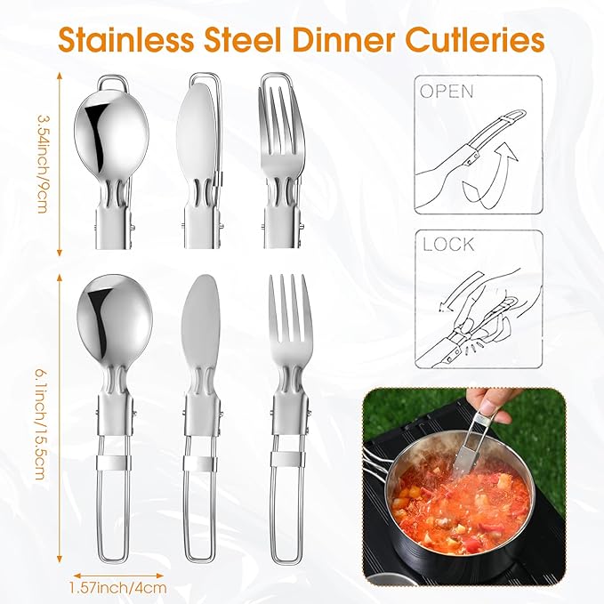 15 Pcs Camping Cookware Mess Kit Outdoor Cooking Set Stainless Steel with Pot and Pan Kit 2 Set Stainless Steel Cups Plates Forks Knives Spoons for Camping Backpacking Cooking Picnic