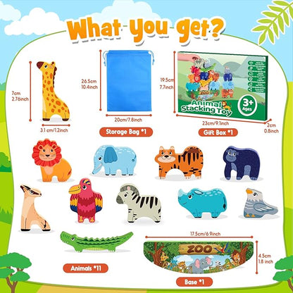 Wooden Animal Blocks Stacking Toy Kids Christmas Birthday Gifts for Boy Girl Age 3-7 Animals Montessori Toddler Toys 3 4 5 6 7 8 Year Old Boys Girls Educational Toys Fine Motor Balance Game
