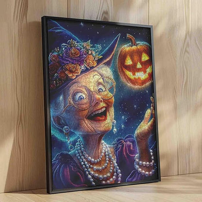 Joyful Grandma Witch with Glowing Pumpkin 1000 Piece Jigsaw Puzzle for Adults Students 20×27 Inches Halloween Starry Sky Happy Elderly Woman Magical Night Home Decor Puzzle Fun Gift for Fall