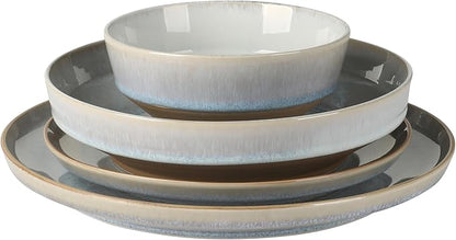 Gibson Elite Hailstone 16 Piece Stoneware Reactive Glaze (Service for 4) Ceramic Plates and Bowls Dinnerware Set - Moon Blue
