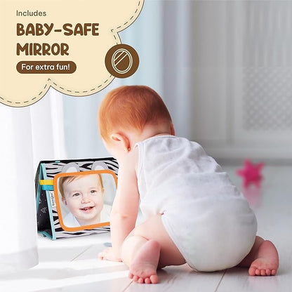 Tummy Time Mirror for Babies - High Contrast Book with Large Stimulating Baby Safe Mirror & Silicone Teether & Crinkle Pages - Perfect Tummy Time Toys for Babies 0 3 6 9 Months