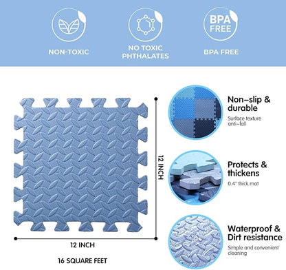 16 Tiles Foam Play Mat for Baby, Soft & Safe EVA Foam Mats for Floor, Square Baby Play Mat, Kids Foam Puzzle Floor Mat, 47x47 Play Mat for Playpen(Dark Blue/Gray Blue/Light Blue/Blue)
