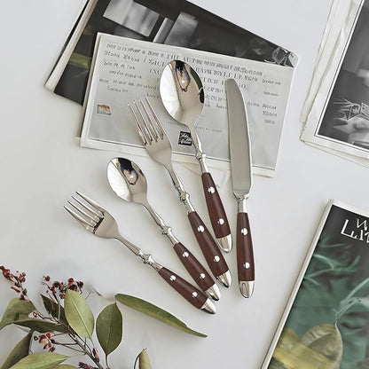 20-Piece Silverware Set Service for 4 with Two Rivets, Vintage Flatware Set, Stainless Steel Cutlery Set with Wood Grain Bakelite Handle,Dishwasher Safe, Light Brown Color