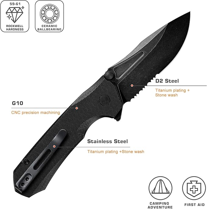 EDC Pocket Knife Rhino,3" D2 Steel Blade Durable G10 Handle, Folding Pocket Knives with Reversible Pocket Clip, Sharp Camping Hiking Pocket Knife for Men