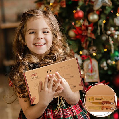 Kids Knife Set for Real Cooking with Educational Ring & Precious Rosewood Handle, Kids Chef Knife-4pcs Set with Stainless Steel Finger Guard-Golden Coating