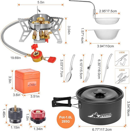 WADEO Camping Cookware Mess Kit with 7200W Camping Stove, 14PCS Non-Stick Camping Pot Pan Set with Stainless Steel Fork Knive Spoon for Camping Backpacking Hiking Outdoor Cooking and Picnic
