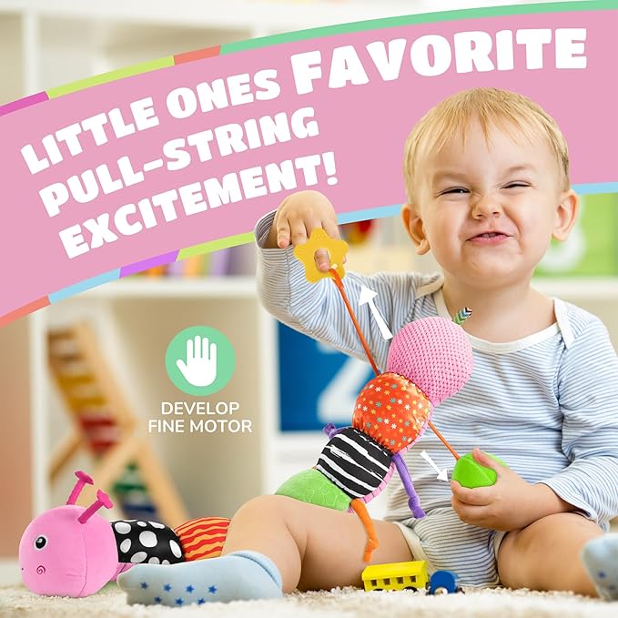 Baby Toys 6-12 Months Music Caterpillar Infant Toys Stuffed Animals 0-3-6 Months Teething Tummy Time Sensory Toys with Mirror Rattle&Pull String for Boys Girls Birthday Gifts|Pink,Knot Limb
