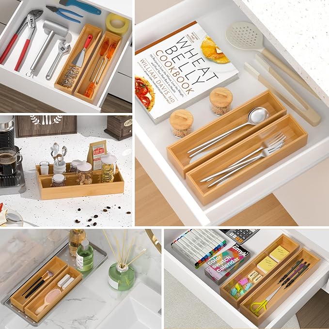 VeyFey Silverware Tray for Drawer, Stackable Kitchen Bamboo Drawer Organizer