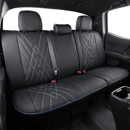 EKR Custom Fit Tacoma Rear Car Seat Covers for Toyota Tacoma 2016 2017 2018 2019 2020 2021 2022 2023 Access Cab - Second Row Only,Faux Leather(Black with Blue Trim)