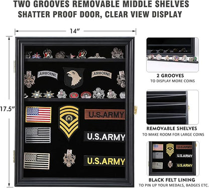 Military Challenge Coin Medals Pins Collector Display Case Lockable Wall Frame Wood Cabinet Black Shadow Box with Removable Shelves and Pinnable Background for Badges Patches Insignia Ribbons Brooches