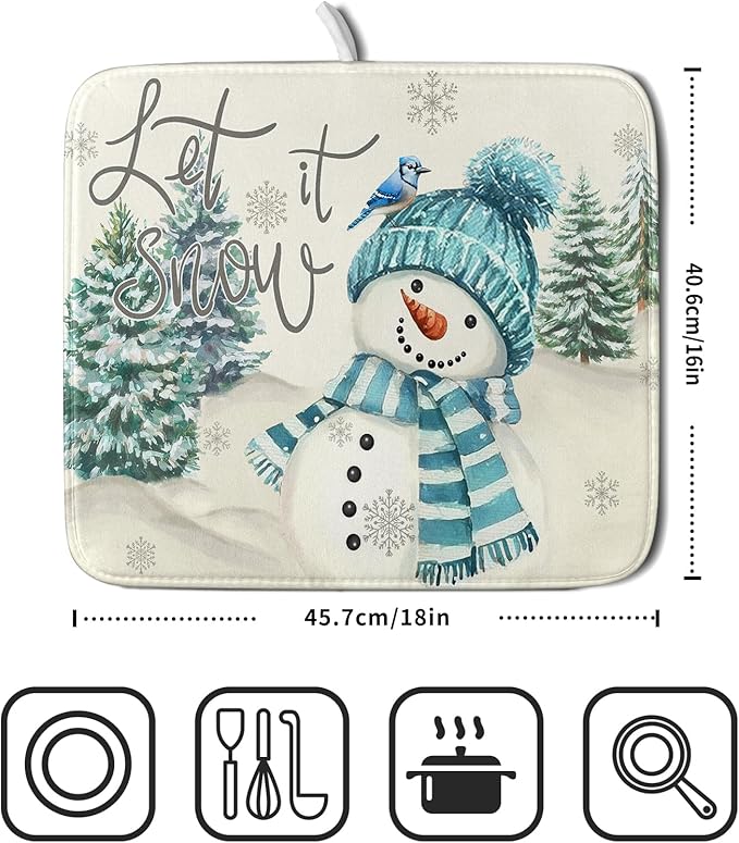 Giwawa Blue Snowman Dish Drying Mat Xmas Trees Bird Winter Snowy Scene Dish