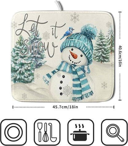 Giwawa Blue Snowman Dish Drying Mat Xmas Trees Bird Winter Snowy Scene Dish