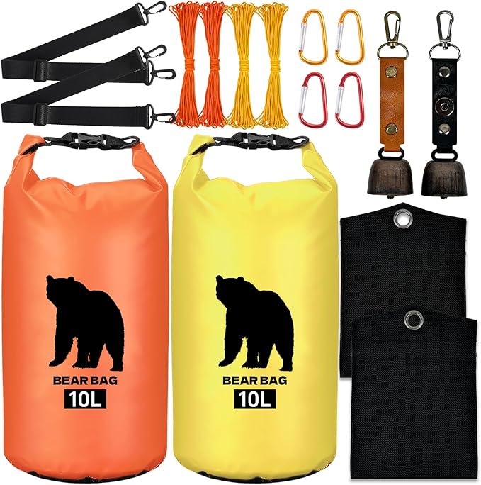 2 Pcs 10L Waterproof Bear Bags with 4 Nylon Ropes, 4 Clips & 2 Rock Pockets & 2 Small Warning Bells for Hanging Food securely. Ultralight Camping Food Bag System.