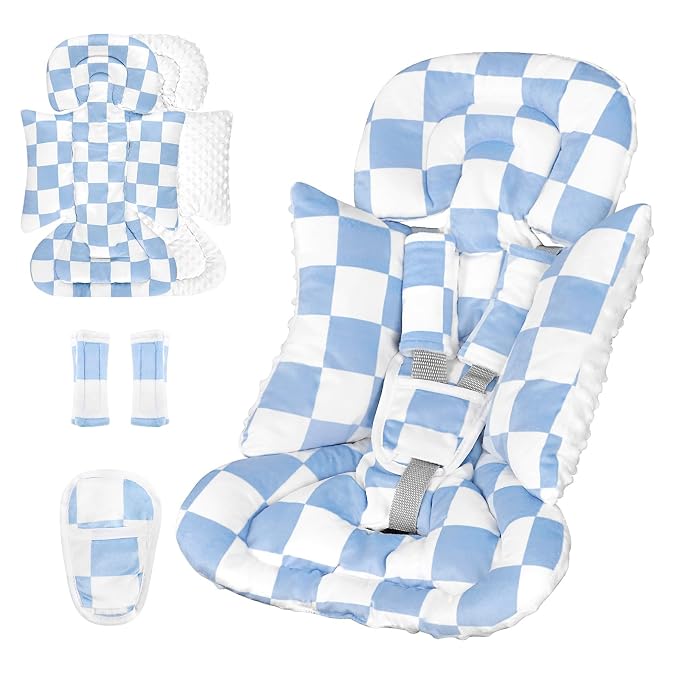 DILIMI Infant Car Seat Insert, Baby Car Seat Head Support with 3 Strap Paddings, Soft Newborn Car Seat Cushion for Stroller, Swing, Bouncers, Blue Checkered