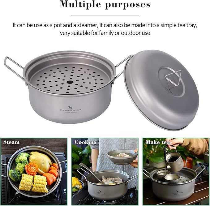 Boundless Voyage Multifunctional Titanium Steamer Pot with Frying Pan and Vented Lid Outdoor Camping Backpacking Kitchen