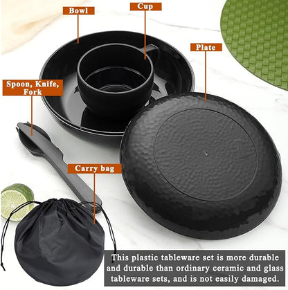 Berglander Camping Mess Kit with Bowl, Plate, Cup, Spoon, Fork, Knife and Carry Bag, Plastic Camping Accessories Essentials Gear for Travel, Camping, Picnic, Outdoor, Easy to Carry & Store