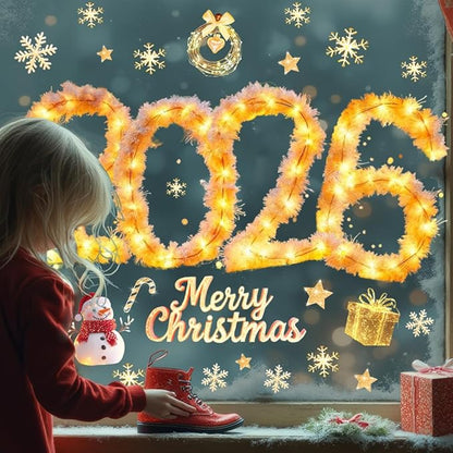 Christmas Window Stickers Clings Cute Snowman Snowflake Winter Golden Light String Pattern Window Decal Decoration Glass Windows Sticker for Xmas 2026 New Year Party Decor Accessories