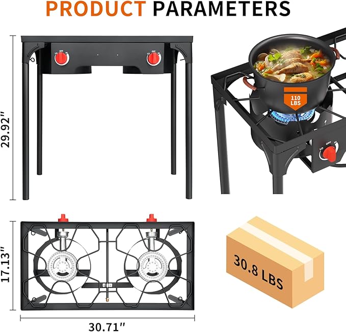 SKOK 2 Burner Propane Stove - Portable Camping Stove with 150,000BTU High Efficiency Propane Burner, Outdoor Stove for Camping, Backyard, Picnic