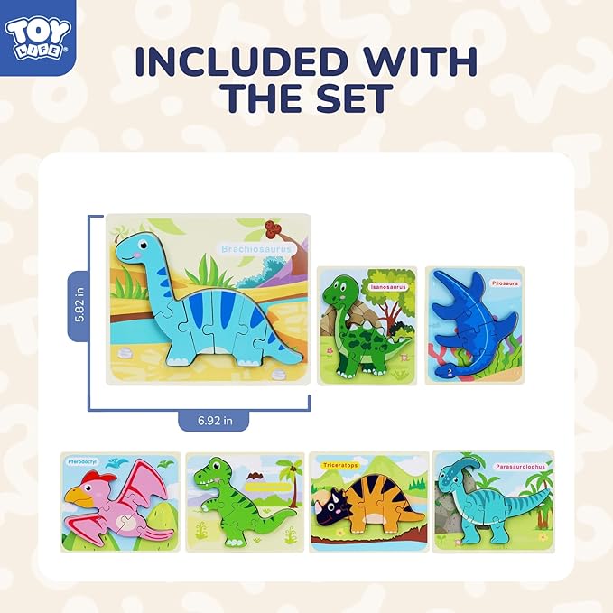 TOY Life Toddler Puzzles Ages 2-4, Wooden Puzzles for Toddlers 1-3, 7 Pcs Dinosaur Puzzle 2 Year Old, Puzzles for Kids Ages 3-5, Toddler Boy Toys 2-3, Educational Learning Toys for 3 Year Old