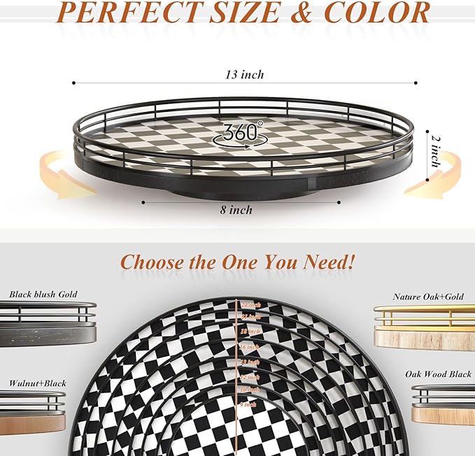 Black and White Kitchen Lazy Susan Turntable – Checkered Round Decorative Tray