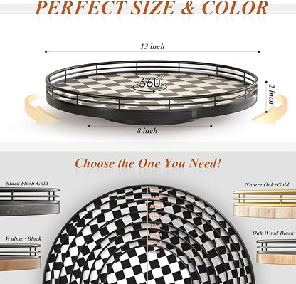 Black and White Kitchen Lazy Susan Turntable – Checkered Round Decorative Tray