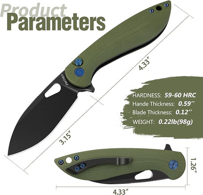FINTISO Pocket Knife, 3.1" Premium 14C28N Blade Folding Knife with Button Lock, EDC Knife with G10 Handle for Camping, Hunting, Survival, Best Gift for Men Women