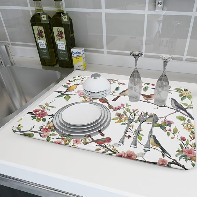 Spring Dish Drying Mat for Kitchen Counter Cute Birds Summer Holiday Microfiber