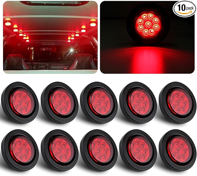 10Pcs 2 Inch Round Red LED Marker Lights 9 LED w/Reflectors, Multi Faceted 2 Inch Led Side Marker Clearance Lights Trailer Marker Lights Flush Mount w/Grommets and 2 Prong Pigtails