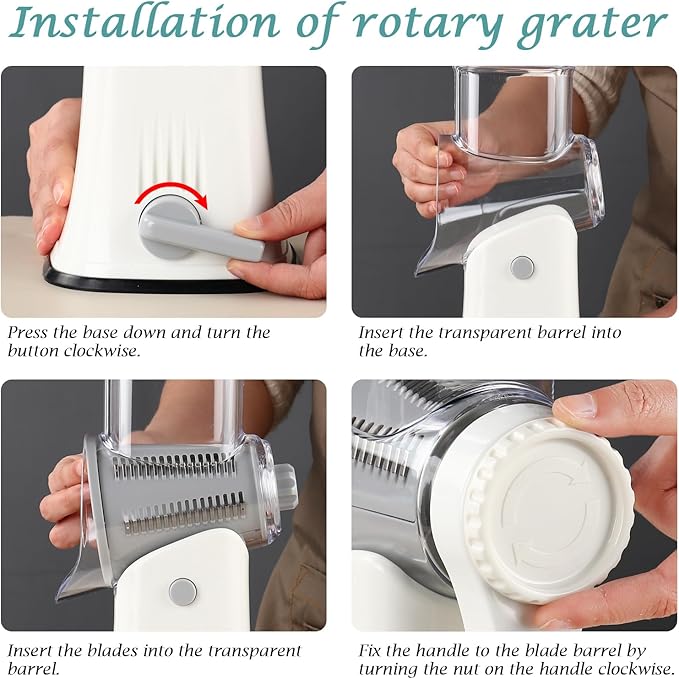Ourokhome Rotary Cheese Grater Shredder, Multifunction 5 in 1 Kitchen Manual Speed Round Mandolin Food Slicer Vegetable Shooter Potato Hashbrown Grinder for Nut, Carrot, Radish, Cucumber, White