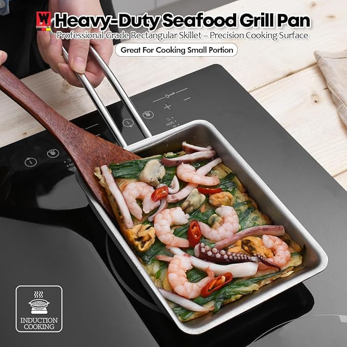 Stainless Steel Fry Pan, 3-Ply Reinforced Body, Rectangular Omelet Pan, Oven & Dishwasher Safe, Induction Compatible, Portable Camping Cookware, Mini or Small Size (14.2Lx5.5WX1.2H inch)