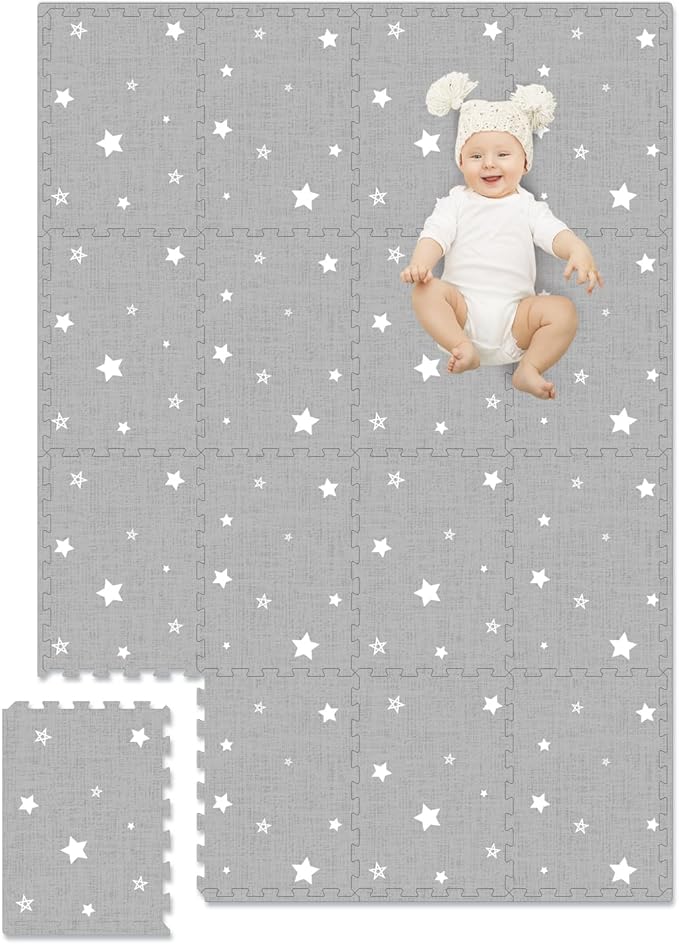Extra Large Baby Play Mat - 4FT x 6FT Non-Toxic Foam Puzzle Floor Mat for Kids & Toddlers (Grey/White Star)