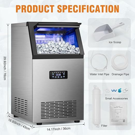 Commercial Ice Maker 120LBS/24H, Stainless Steel Freestanding Ice Maker Machine