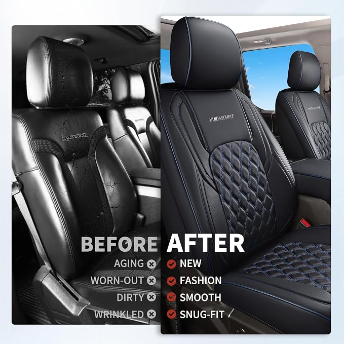Huidasource Dodge Ram Seat Covers, Front&Rear Pickup Truck Leather Seat Cover Fit for 2009-2018 1500, 2010-2025 2500/3500 Crew Mega Cab, 2019-2025 ram 1500 Classic only(Full Set/Black&Blue)