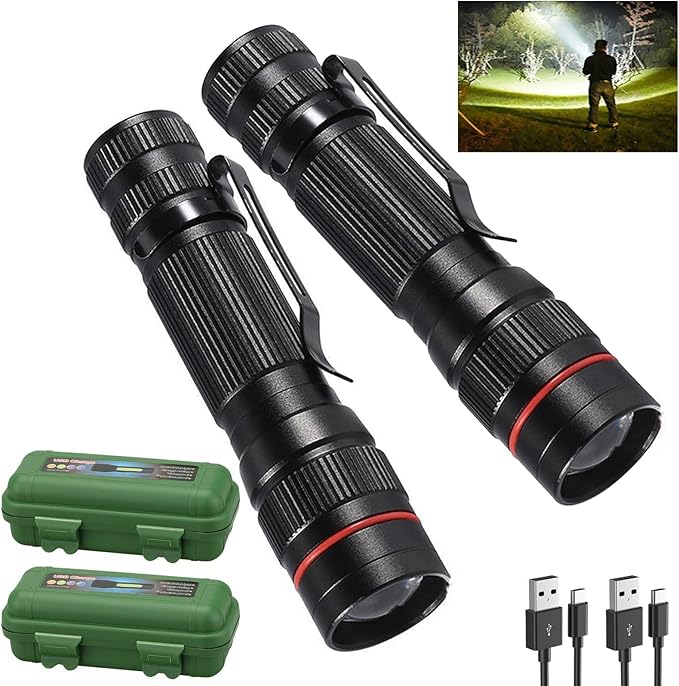LED Flashlight Rechargeable 2 Pack, High Lumens Tactical flahlight, Super Bright Small Flash Light, Mini Pocket Torch, 3 Modes Zoomable Portable Keychain Flashlights for Camping, Emergency